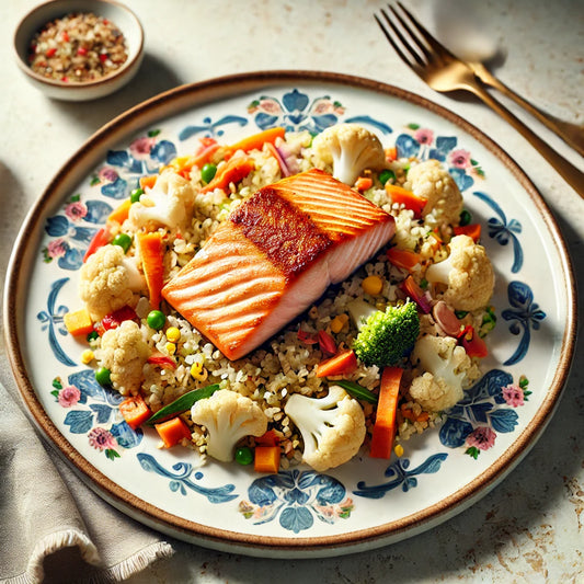 Pan-Fried Salmon Cauliflower Rice w/ Sea Buckthorn Berry Oil