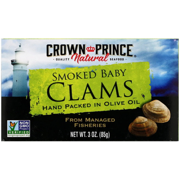 Crown Prince Smoked Baby Clams Hand Packed in Olive Oil