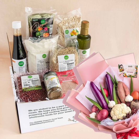 Mom's Dearest Pantry Essentials Gift Set + Organic Pink of Health Veggie Bouquet (Preorder)